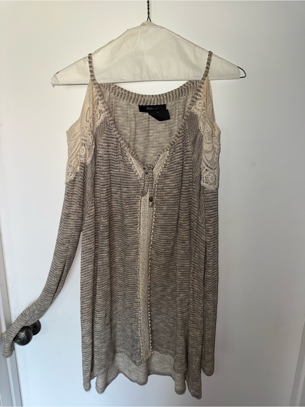 Style & Co. Beige and Cream Crochet Cold-Shoulder Knit Sweater